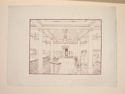 Perspective showing the interior of a room, probably a furniture showroom