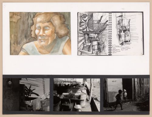 Presentation panel with painted portrait of a woman, pages of a sketchbook, and photographs of existing houses for the Urban Upgrading project La Esperanza, in Zihuatanejo, Mexico