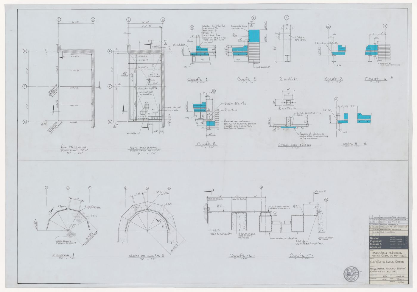 Plans, elevations and sections for mezzanine construction details for the reconstruction of the Chapelle du Sacré-Coeur, Notre-Dame de Montréal