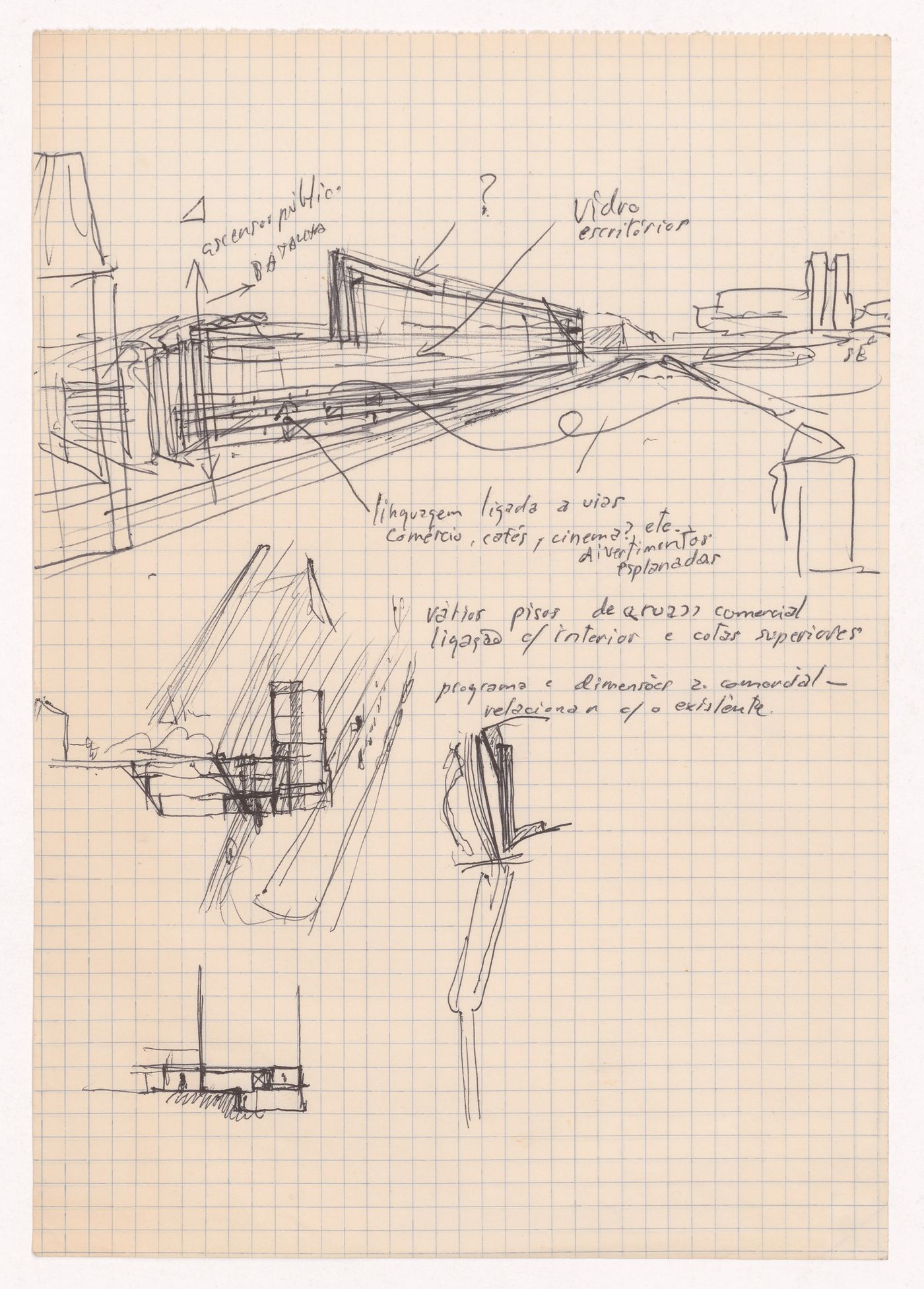 Sketch sections and perspective with annotations for Edifício de Escritórios na Av. D. Afonso Henriques, Porto, Portugal