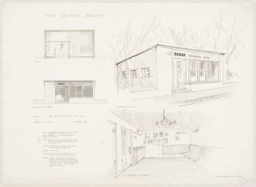 Student project for a taxi drivers' shelter: plan, elevation, interior and exterior perspectives