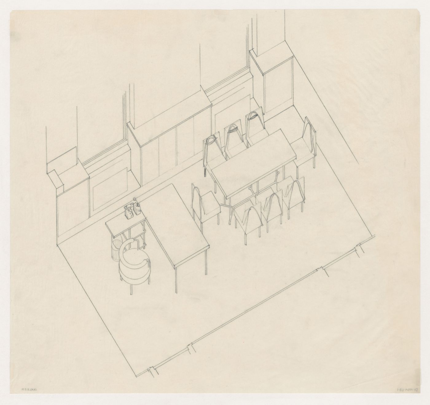 Axonometric for furniture for M.J.I. de Jonge van Ellemeet's office in Rotterdam City Hall, Netherlands