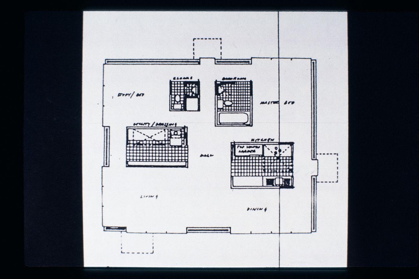 Slide of a drawing for Retirement House, Kent, by Alison and Peter Smithson