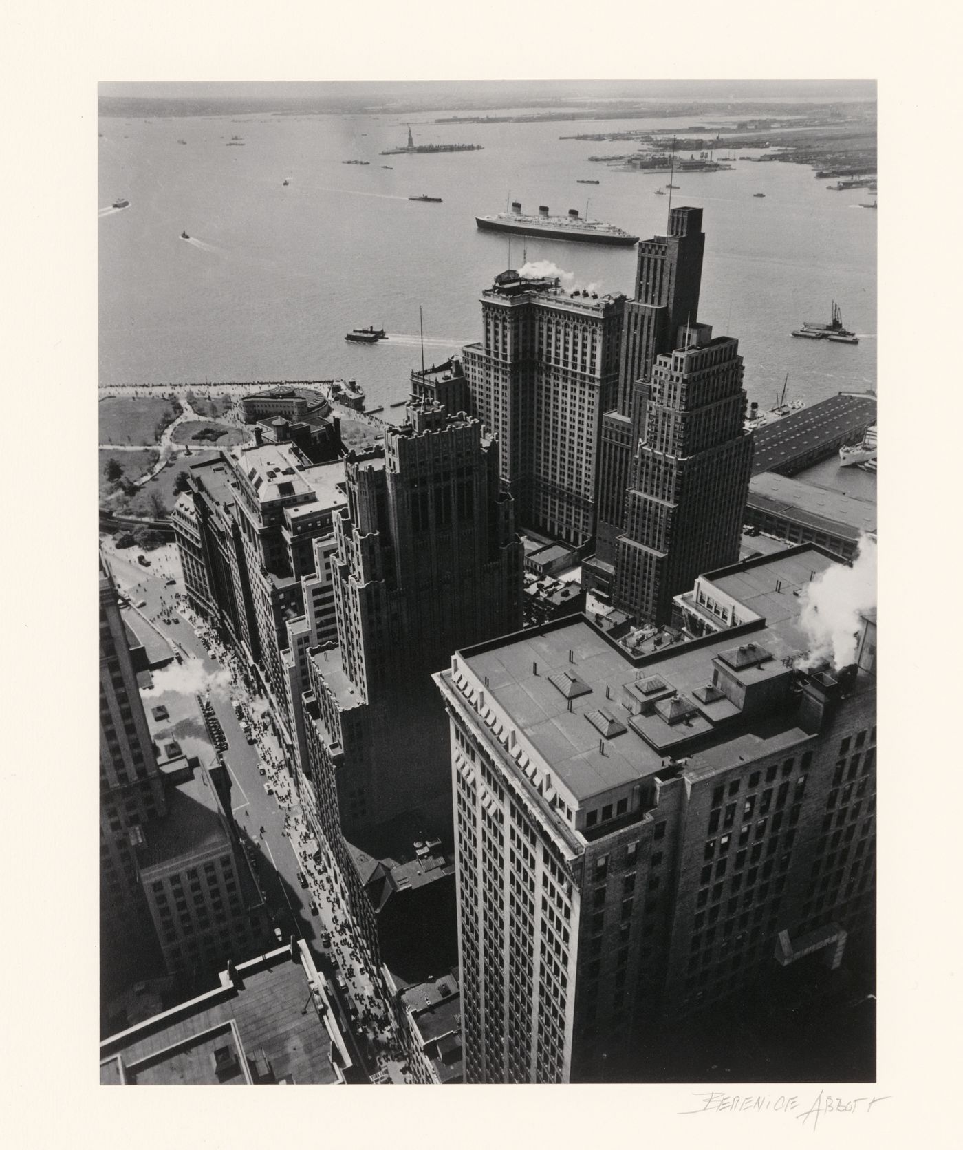 View of Broadway from the roof of the Irving Trust Company Building, showing the Adams Building, Fred C. French Building, Whitehall Building, and Downtown Athletic Club, New York City, New York