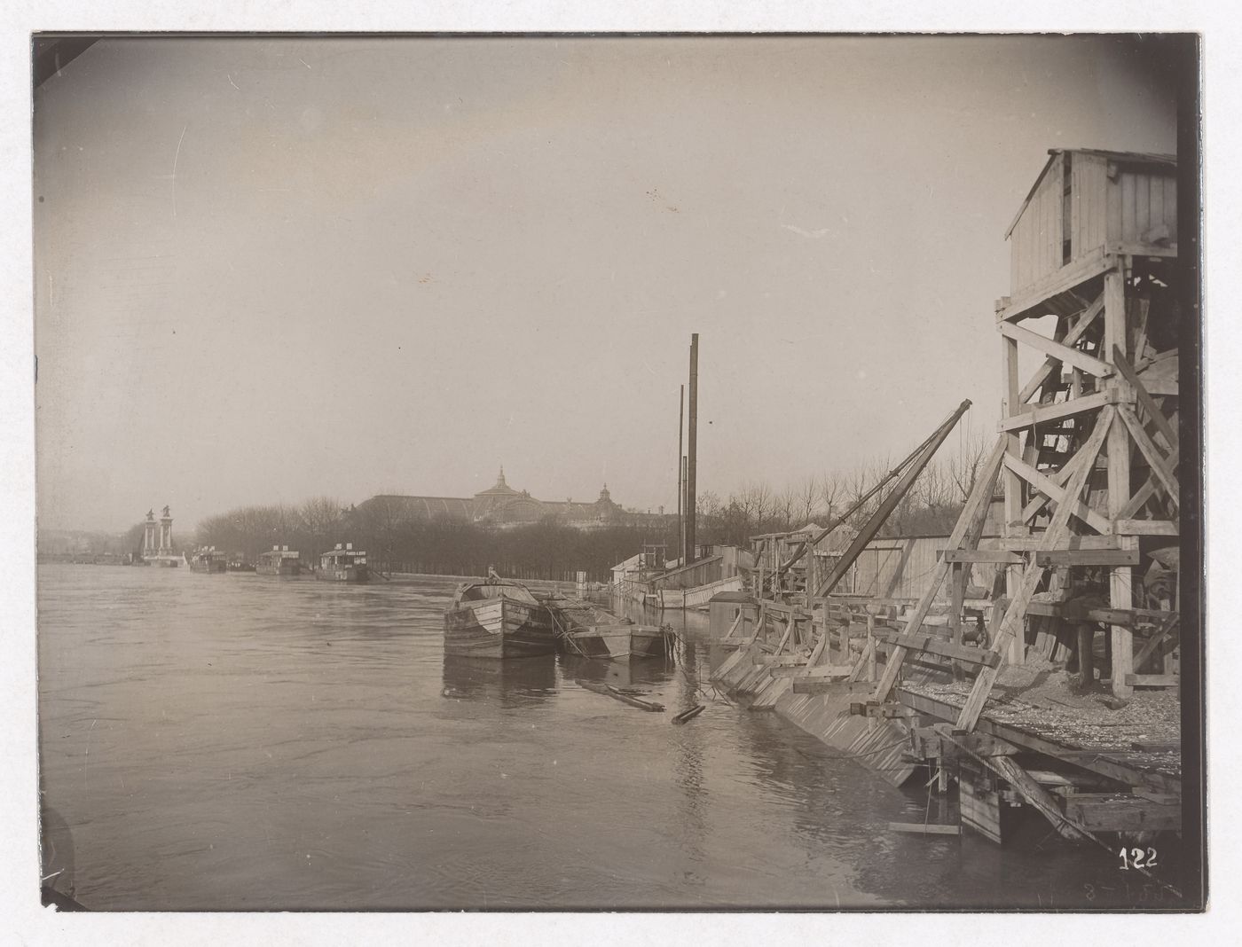 Construction of the Paris Metro, exterior view of the Seine and wooden structures, Paris, France
