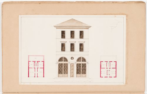 Ground, first and second floor plans for an unidentified house; verso: Front elevation and ground and first floor plans for a small three-storey townhouse