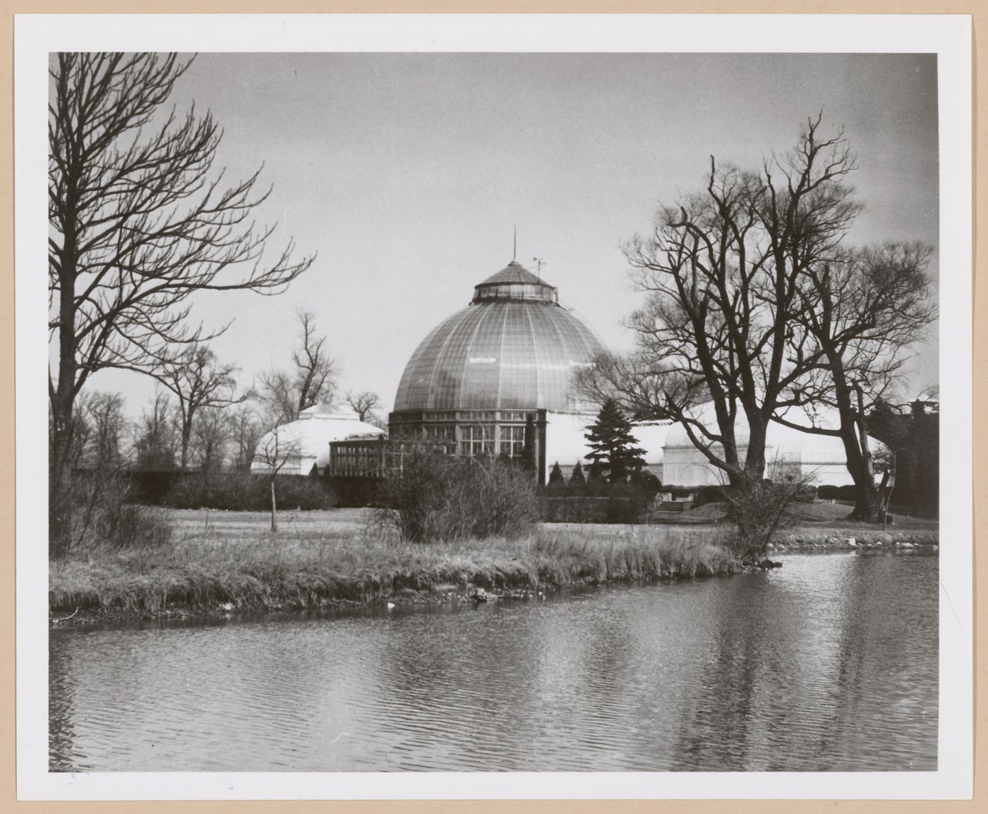 View of the Belle Isle Park Conservatory (also known as the Aquarium and Horticulture Building) from across the Detroit River, Detroit, Michigan