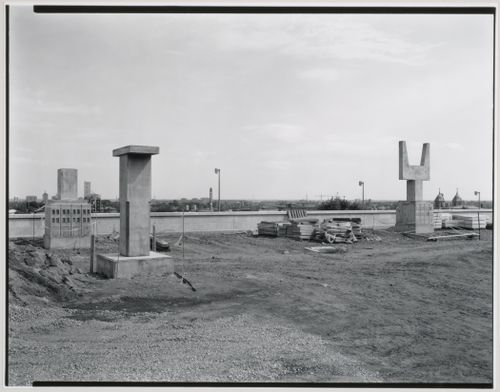 View of the Canadian Centre for Architecture Garden under construction showing the Allegorical Columns, Montréal, Québec, Canada