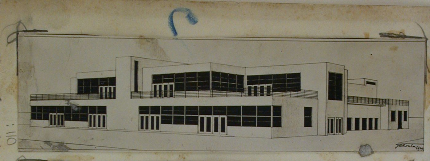 View of an elevation drawing for a tenement house in Kladno, Czechoslovakia (now Czech Republic)