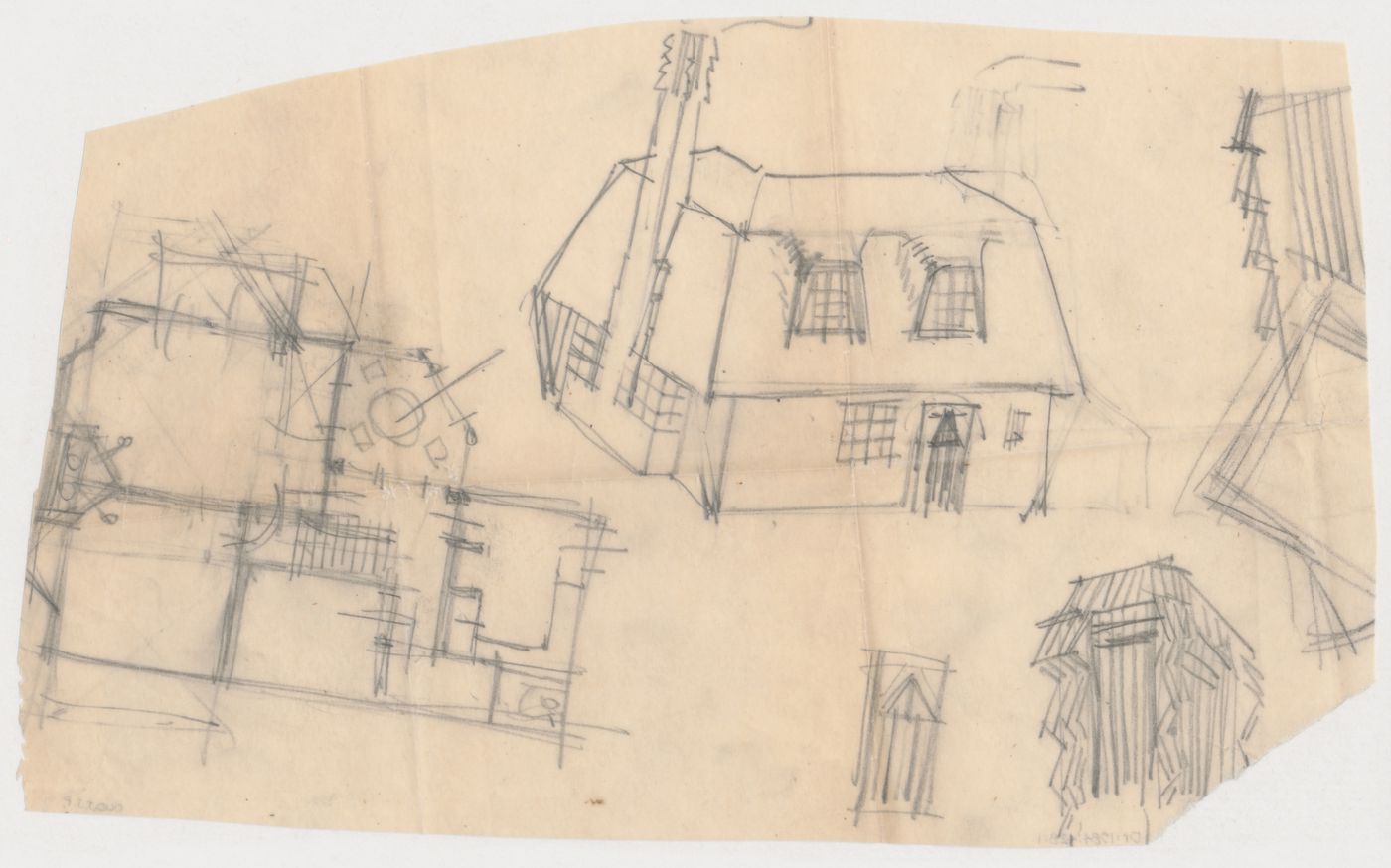 Sketch perspective and sketch plan for a house and partial sketch plan, sketch elevation, and sketch perspective for a doorway, Netherlands