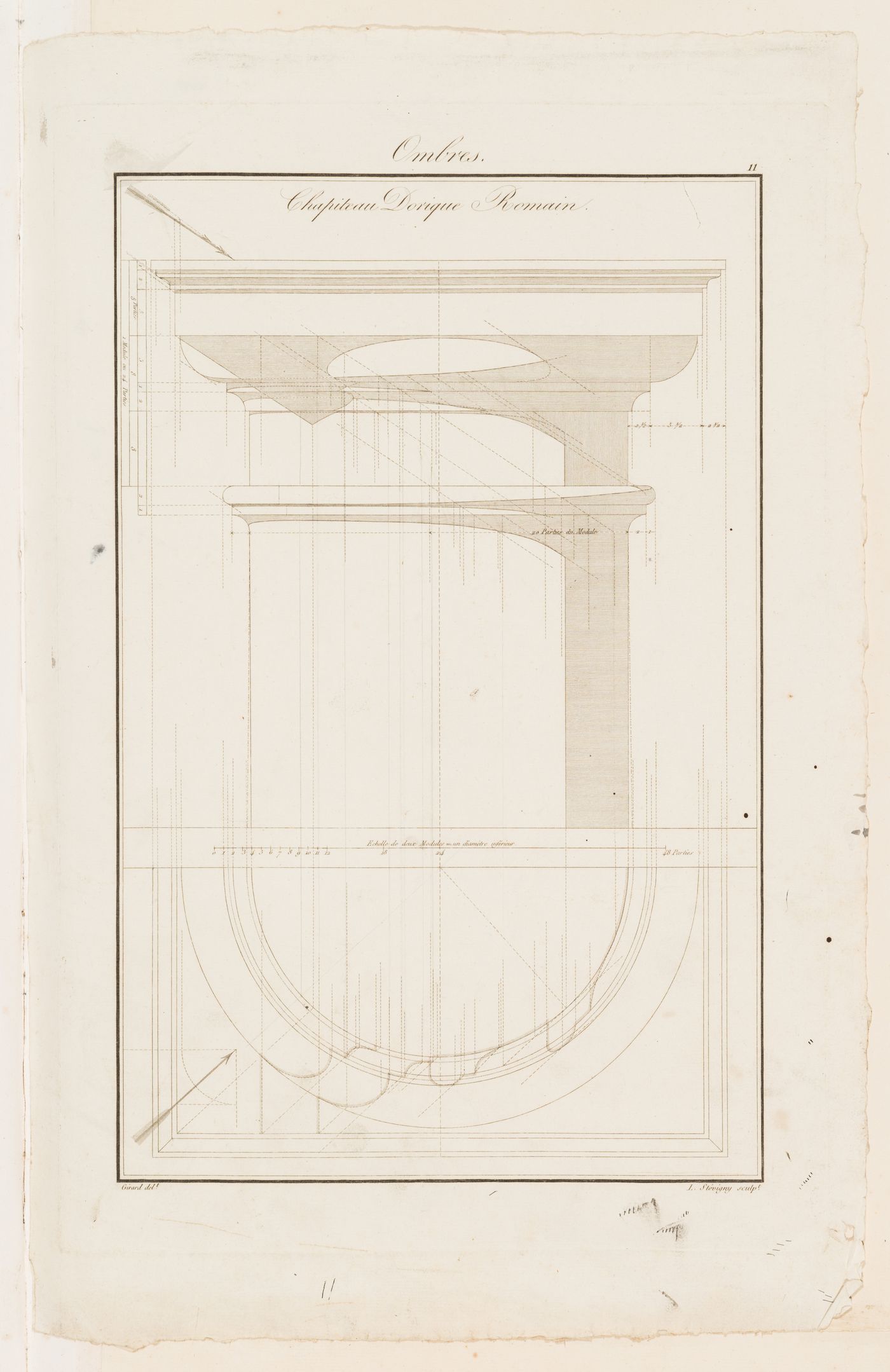 Elevation and plan of a Roman Doric capital with orthographic projecting lines indicating the distribution of light and shade