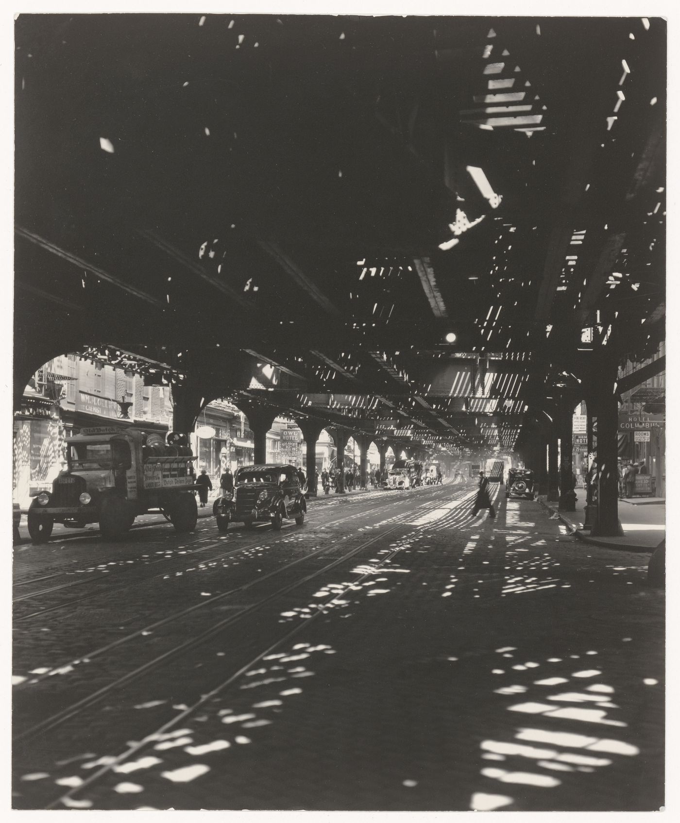 Elevated train tracks and Bowery Street, New York City, New York