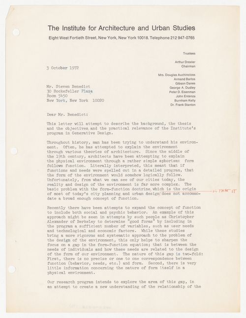 Letter from Peter D. Eisenman to Steven Benedict about the Program in Generative Design