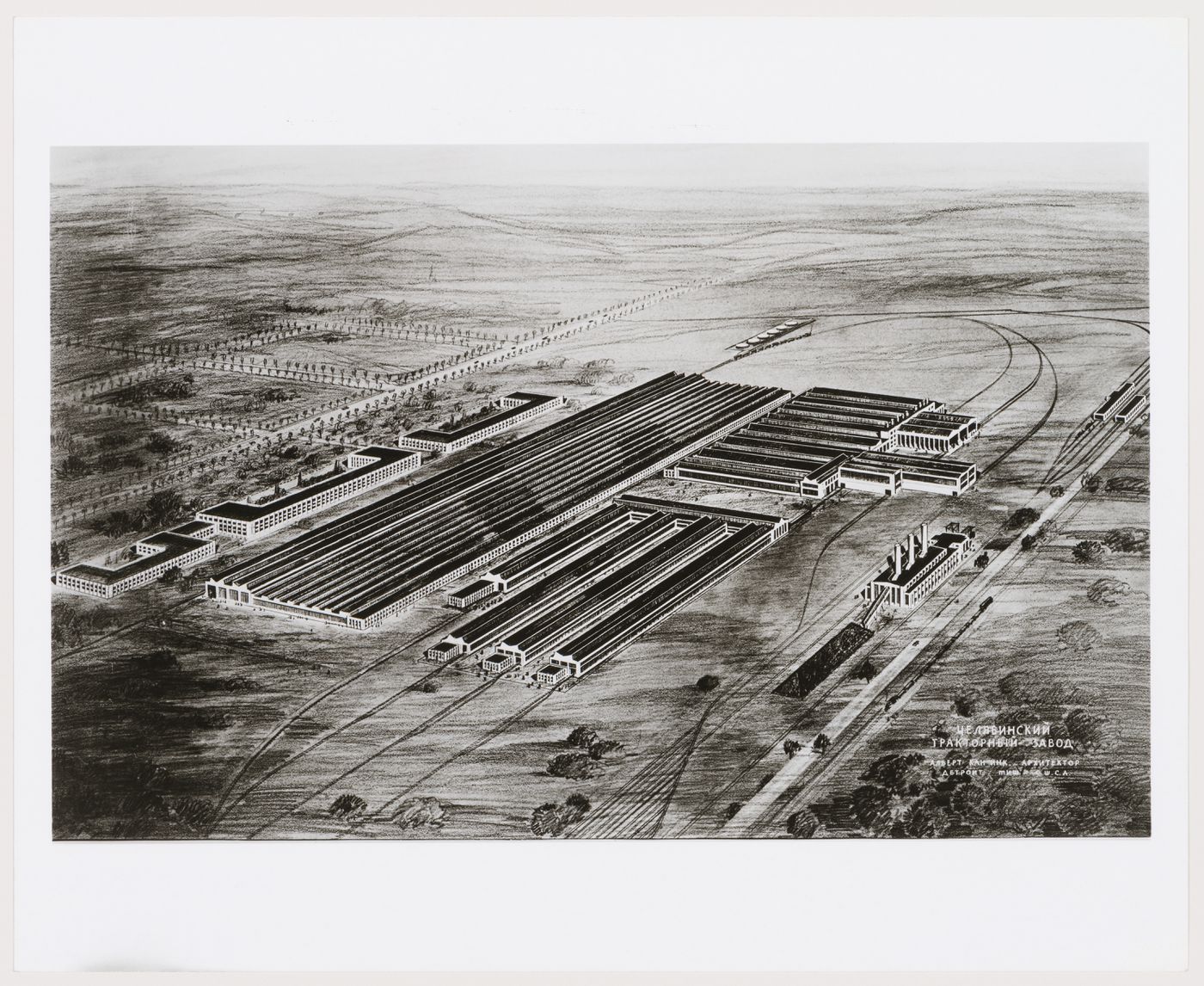 Photograph of a bird's-eye perspective drawing for or of the Soviet Diesel Tractor Assembly Plant, Cheliabinsk, Soviet Union (now in Russia)