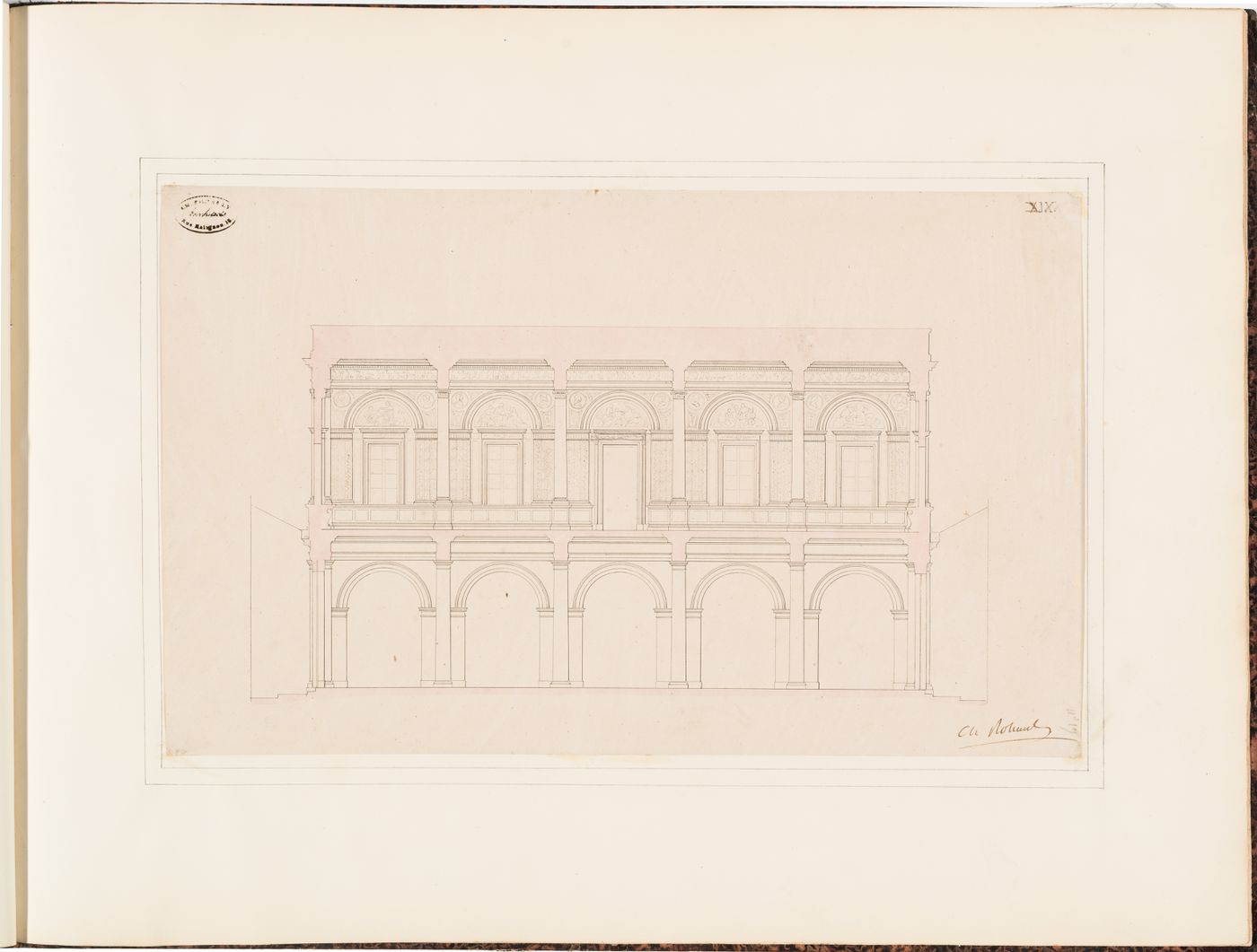 Longitudinal section for the "foyer" of the Théâtre Royal Italien showing the interior wall elevation