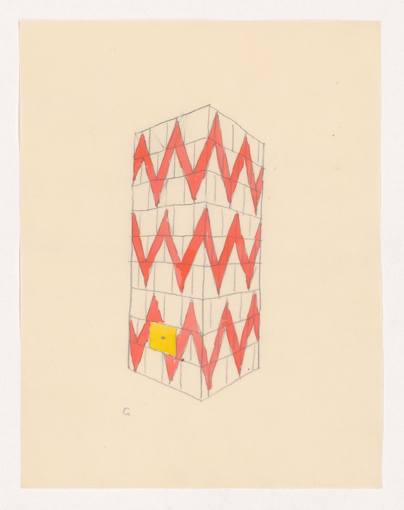 Perspective sketch for a tiled stove decorated with a red zigzag pattern
