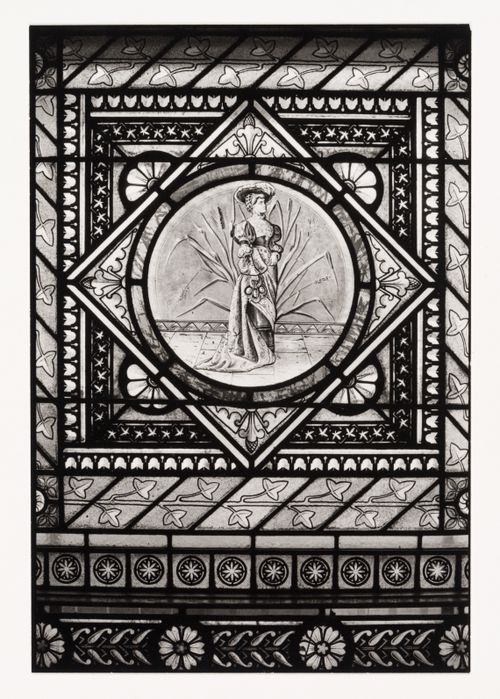 Close-up view of a stained glass window in the west part of Shaughnessy House, Montréal, Québec, Canada