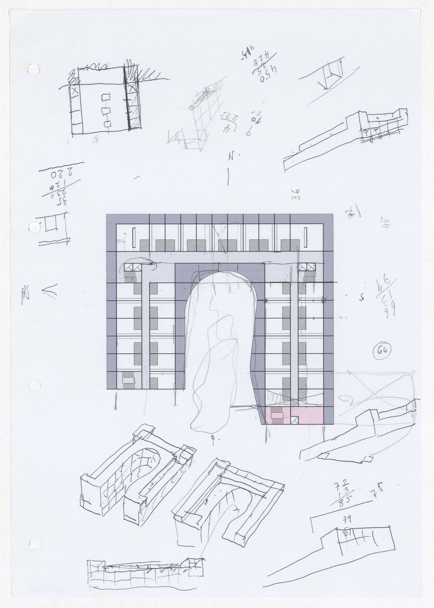 Sketch plans, sections, and axonometric views for Parque de Pedras Salgadas, Hotel Avelames, Spa e Casa de Chá, Pedras Salgadas, Portugal