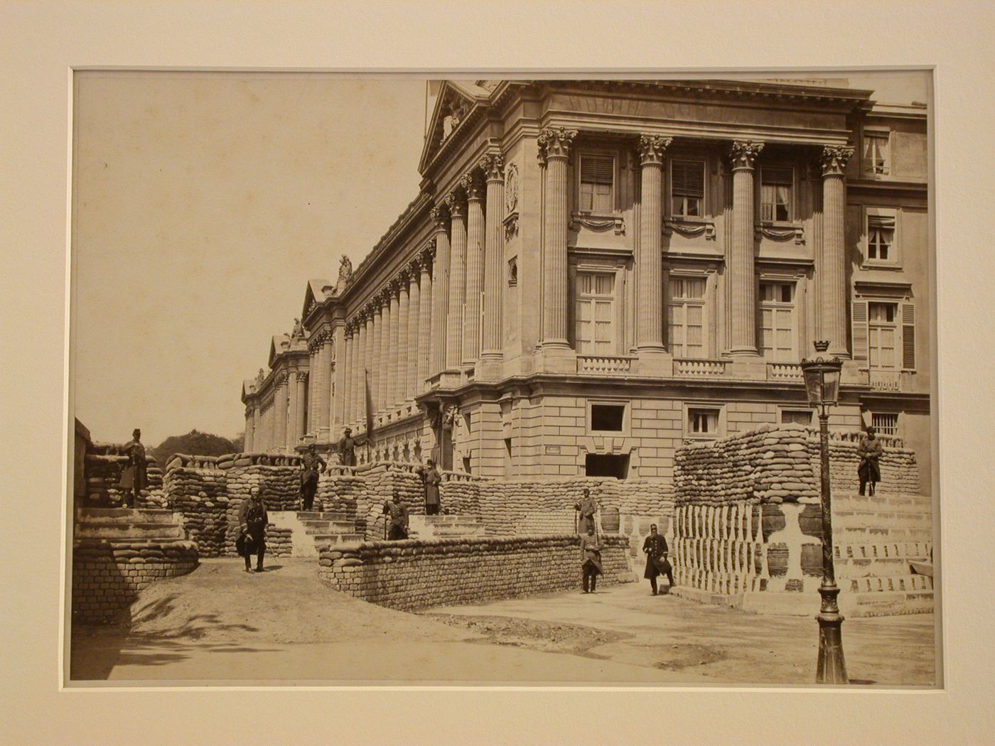 Unidentified building with sandbags and soldiers, Paris, France