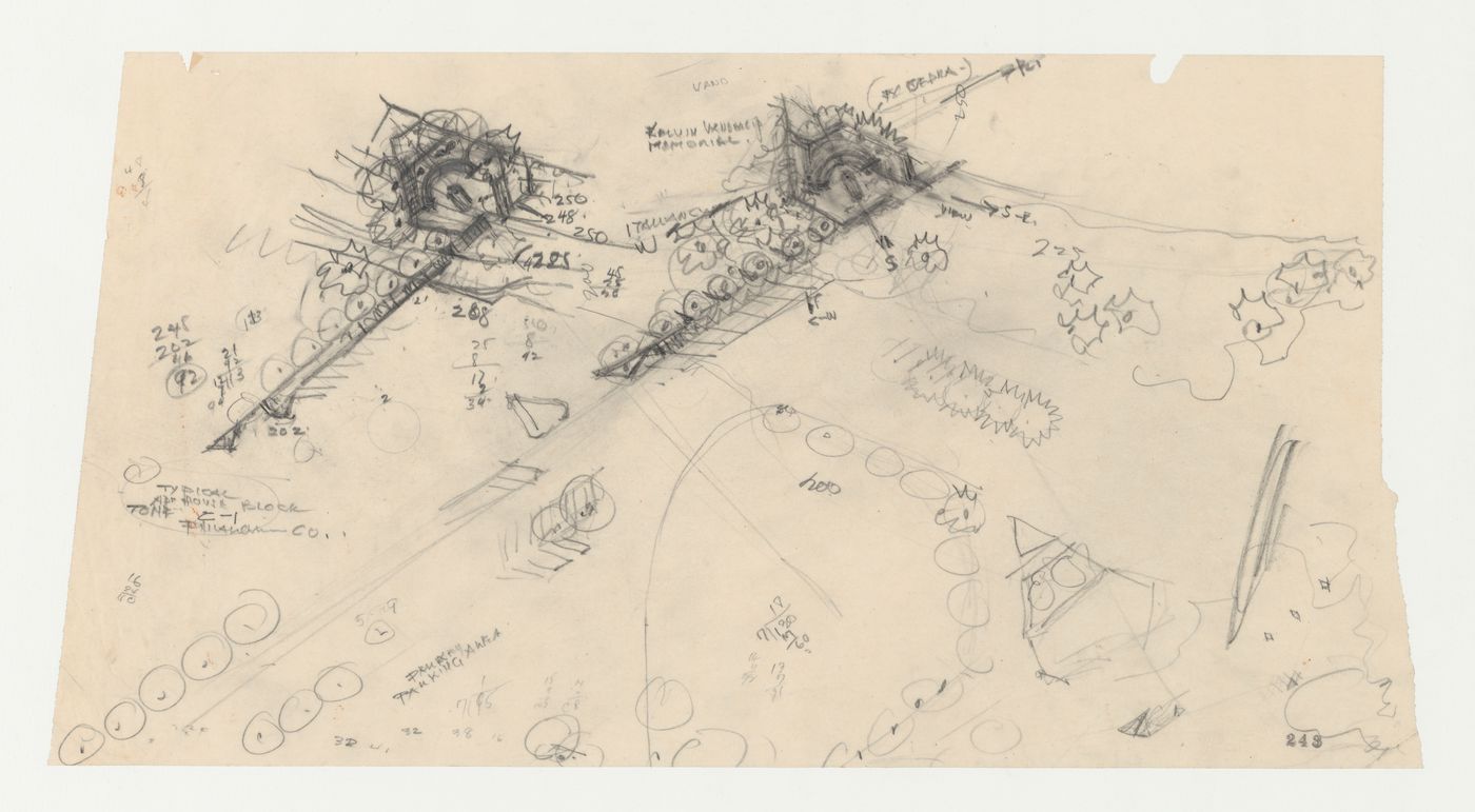 Wayfarers' Chapel, Palos Verdes, California: Two conceptual sketches for an outdoor exedra on a hill near the parking lot