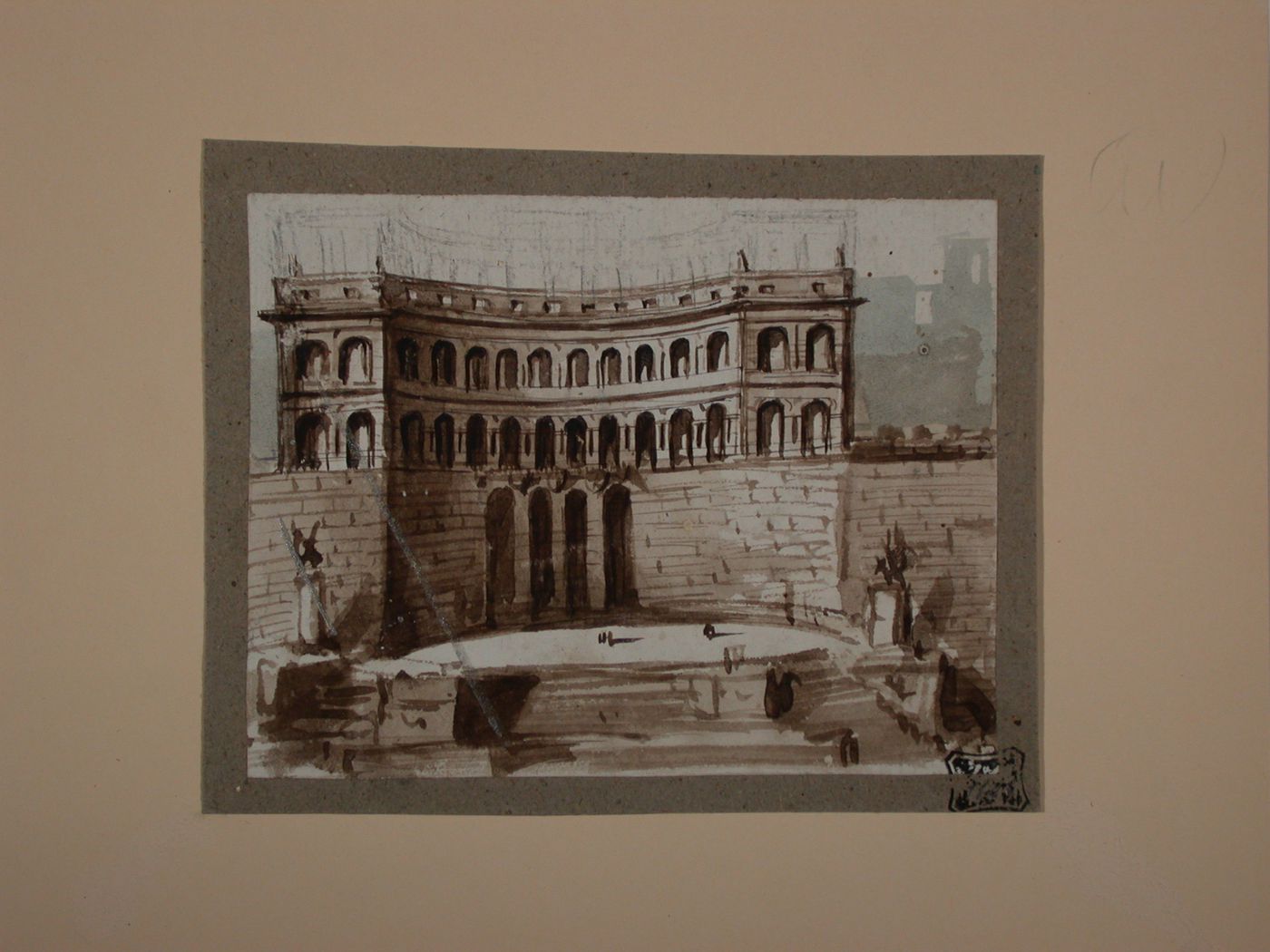 Visionary design for a curved building resembling Trajan's market