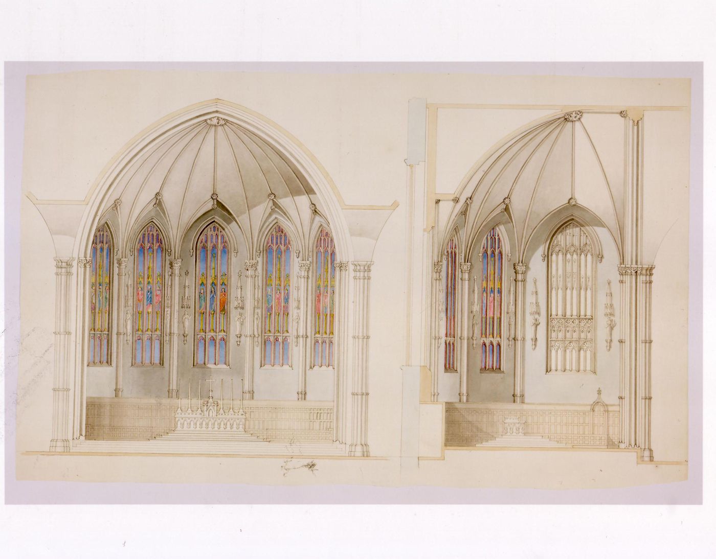 Elevation and section for the choir for the interior design by Bourgeau et Leprohon for Notre-Dame de Montréal