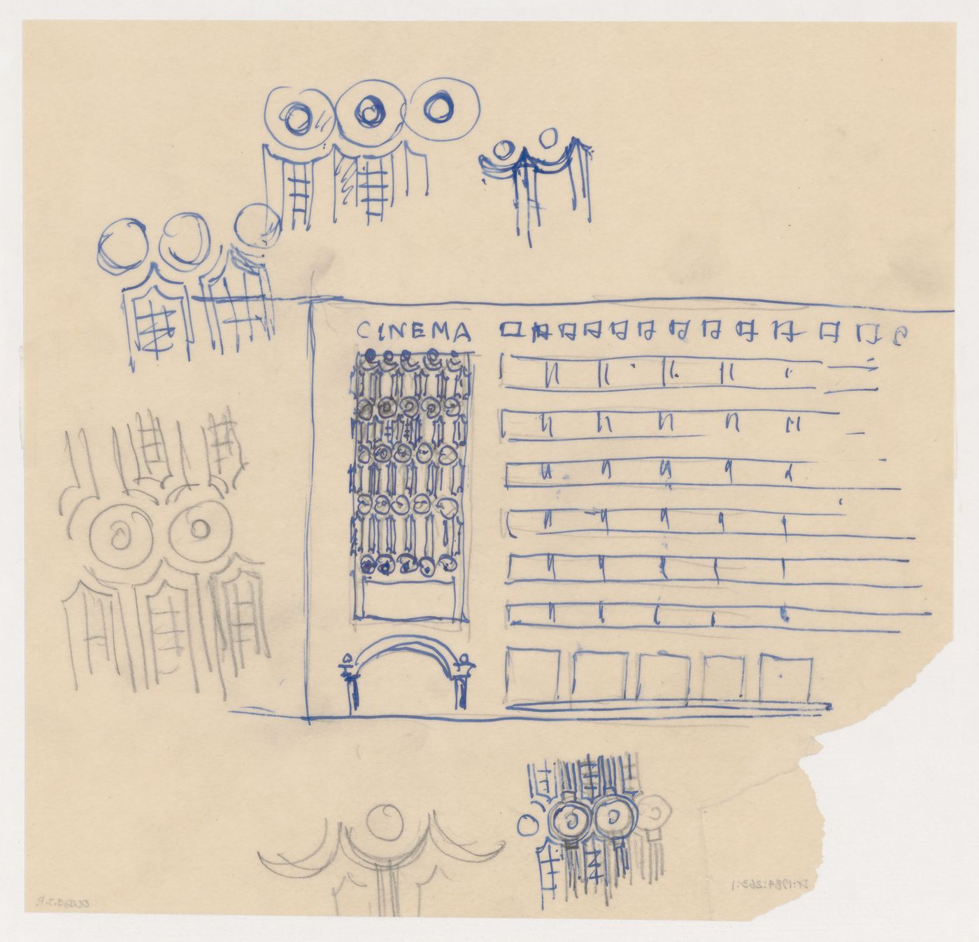 Sketch elevation and details for exterior ornament for a model for a cinema for the reconstruction of the Hofplein (city centre), Rotterdam, Netherlands