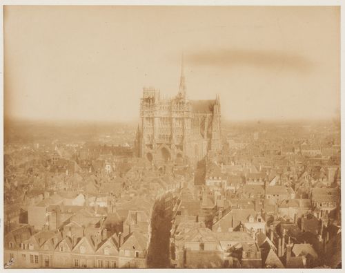General view from an elevated view point, showing Amiens town and cathedral, including restoration project on west façade, Amiens, France
