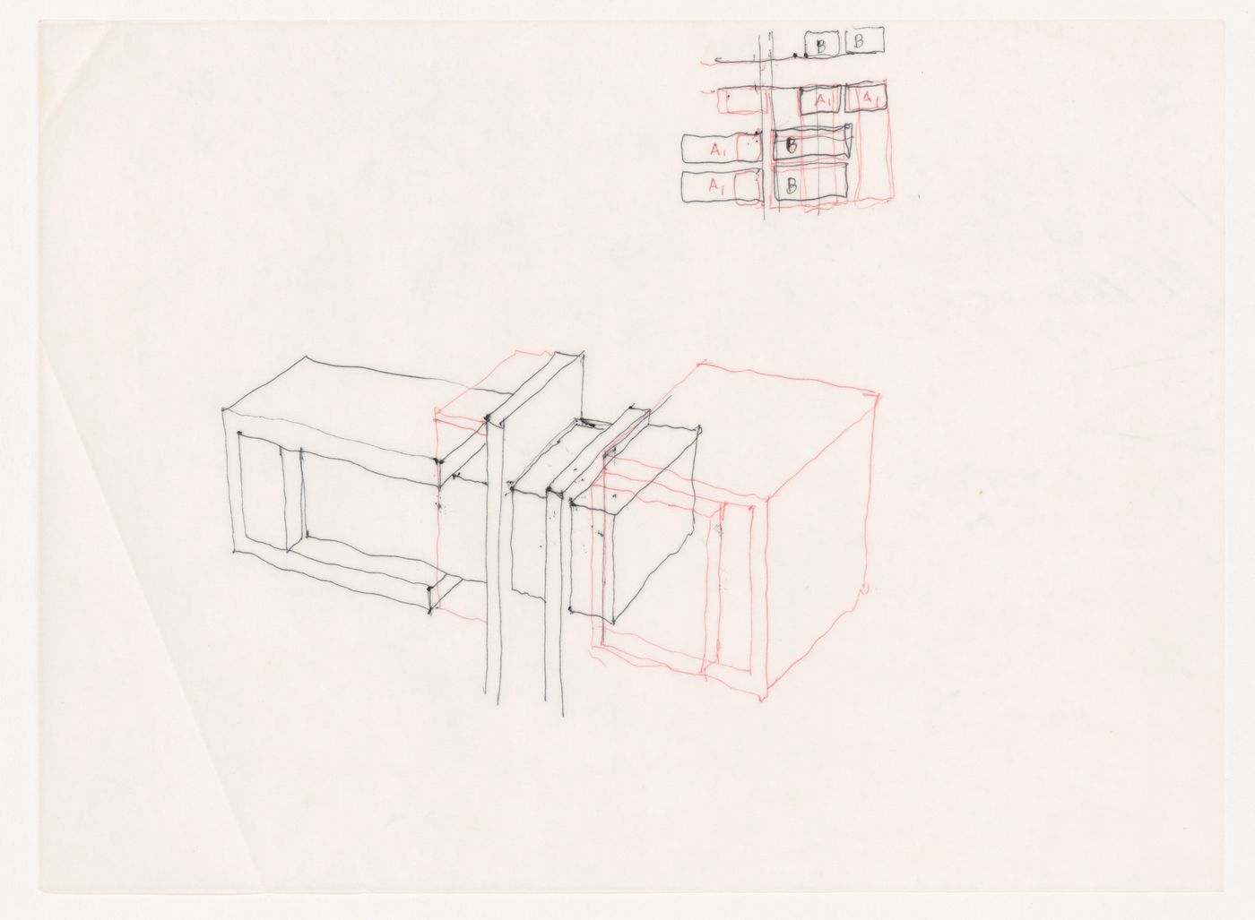 Sketch axonometric and diagram for House VI, Cornwall, Connecticut