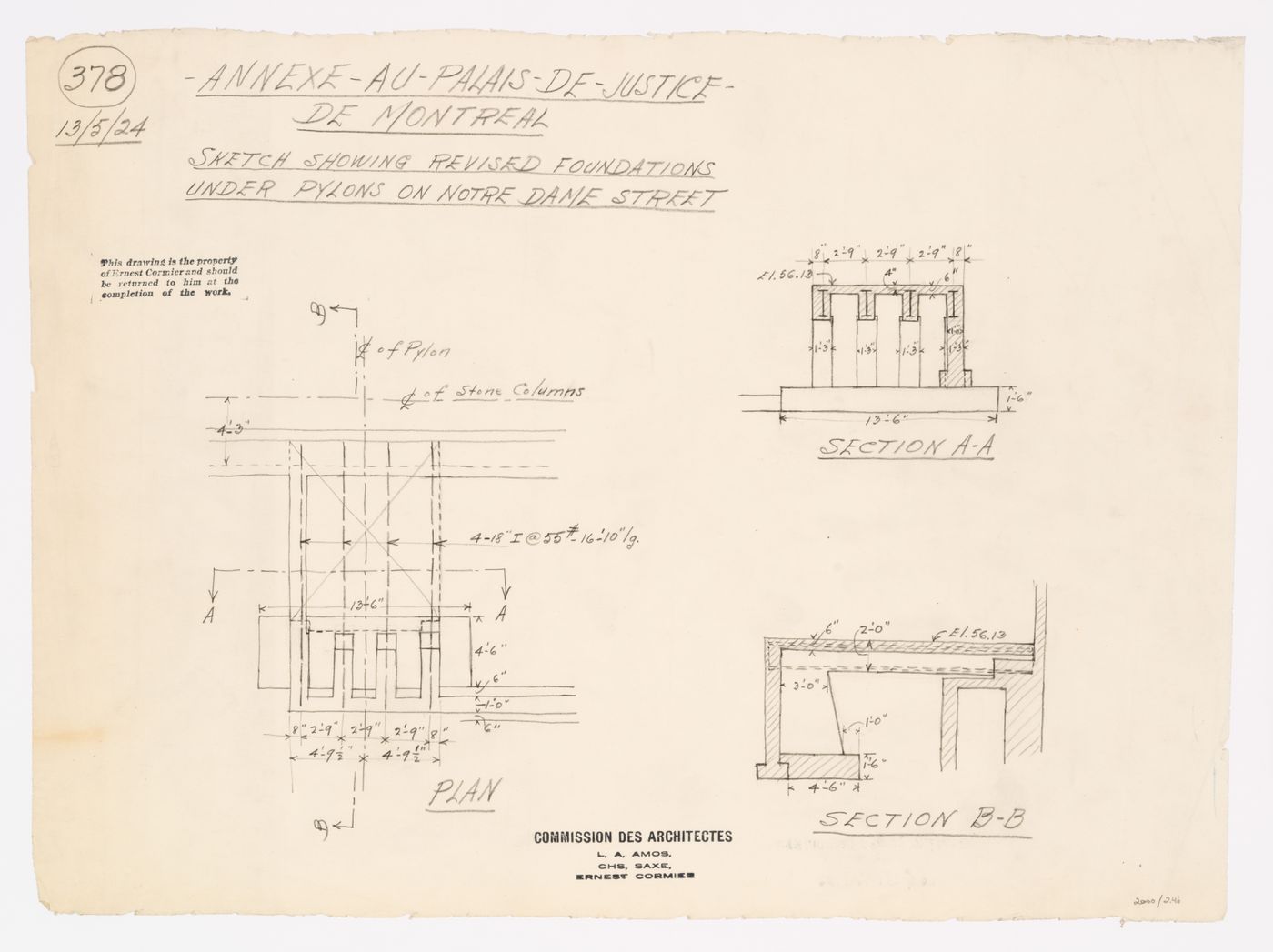 Détails des fondations sous les pylônes, Annexe au Palais de Justice de Montréal, Montréal, Canada (1920-1927)