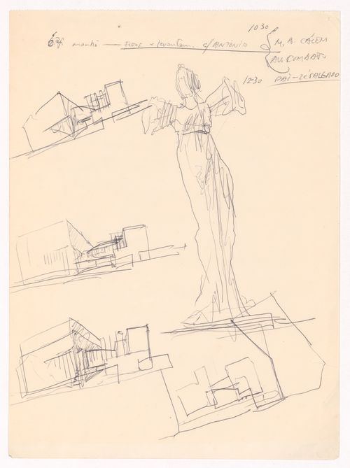 Sketch perspectives and figure with annotations for Casa Manuel Magalhães, Porto, Portugal