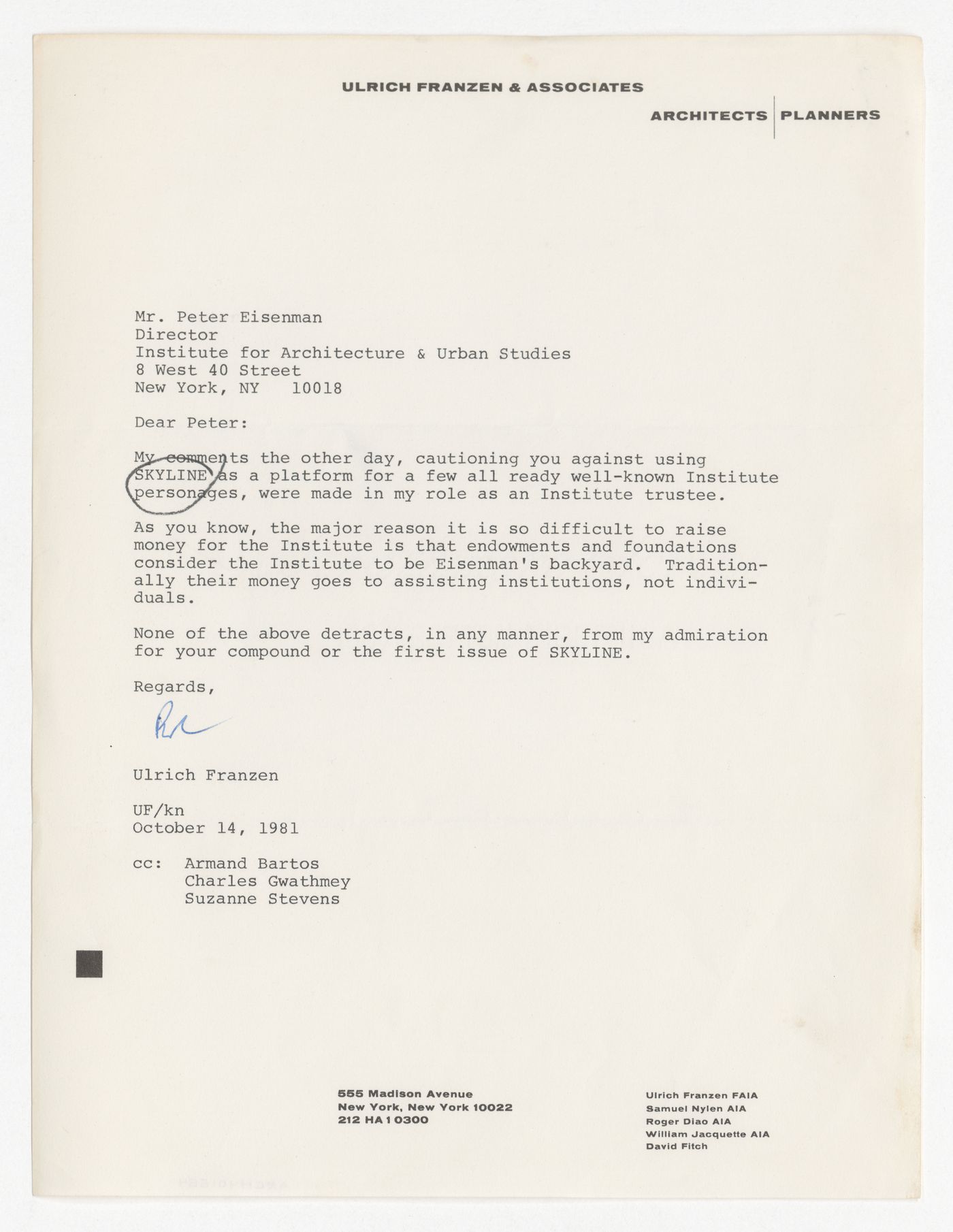 Letter from Ulrich Franzen to Peter D. Eisenman about editorial direction of Skyline
