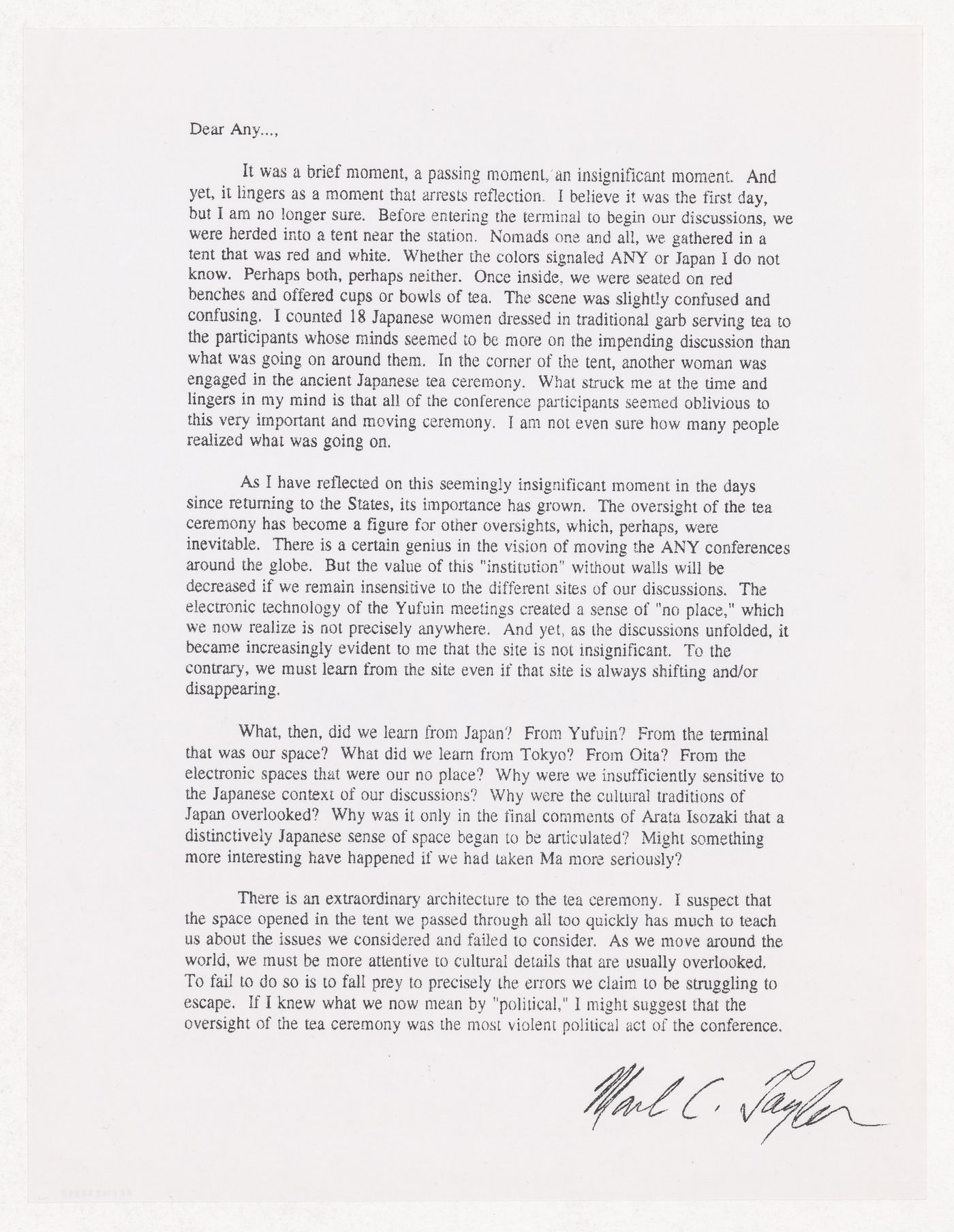 Letter from Mark C. Taylor to Any following the Anywhere conference