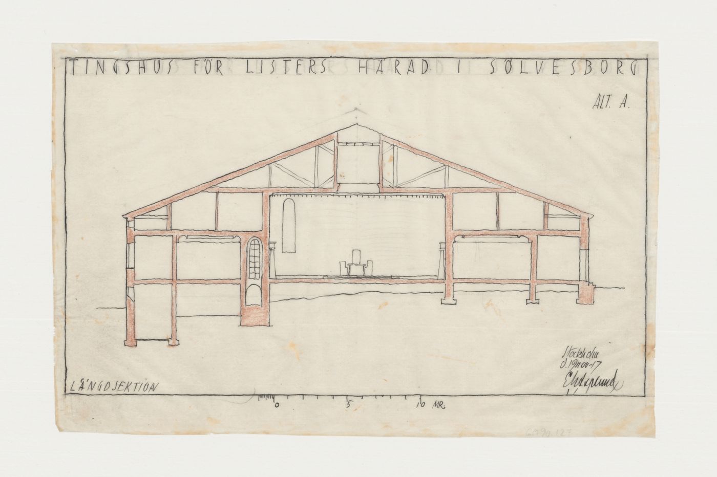 Section for Lister härads tingshus showing a circular courtroom, Sölvesborg, Sweden