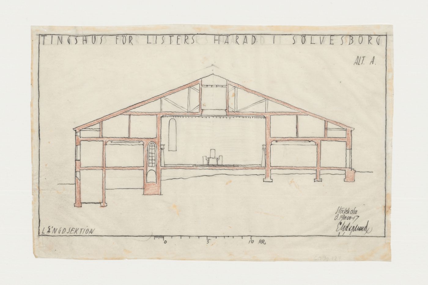 Section for Lister härads tingshus showing a circular courtroom, Sölvesborg, Sweden