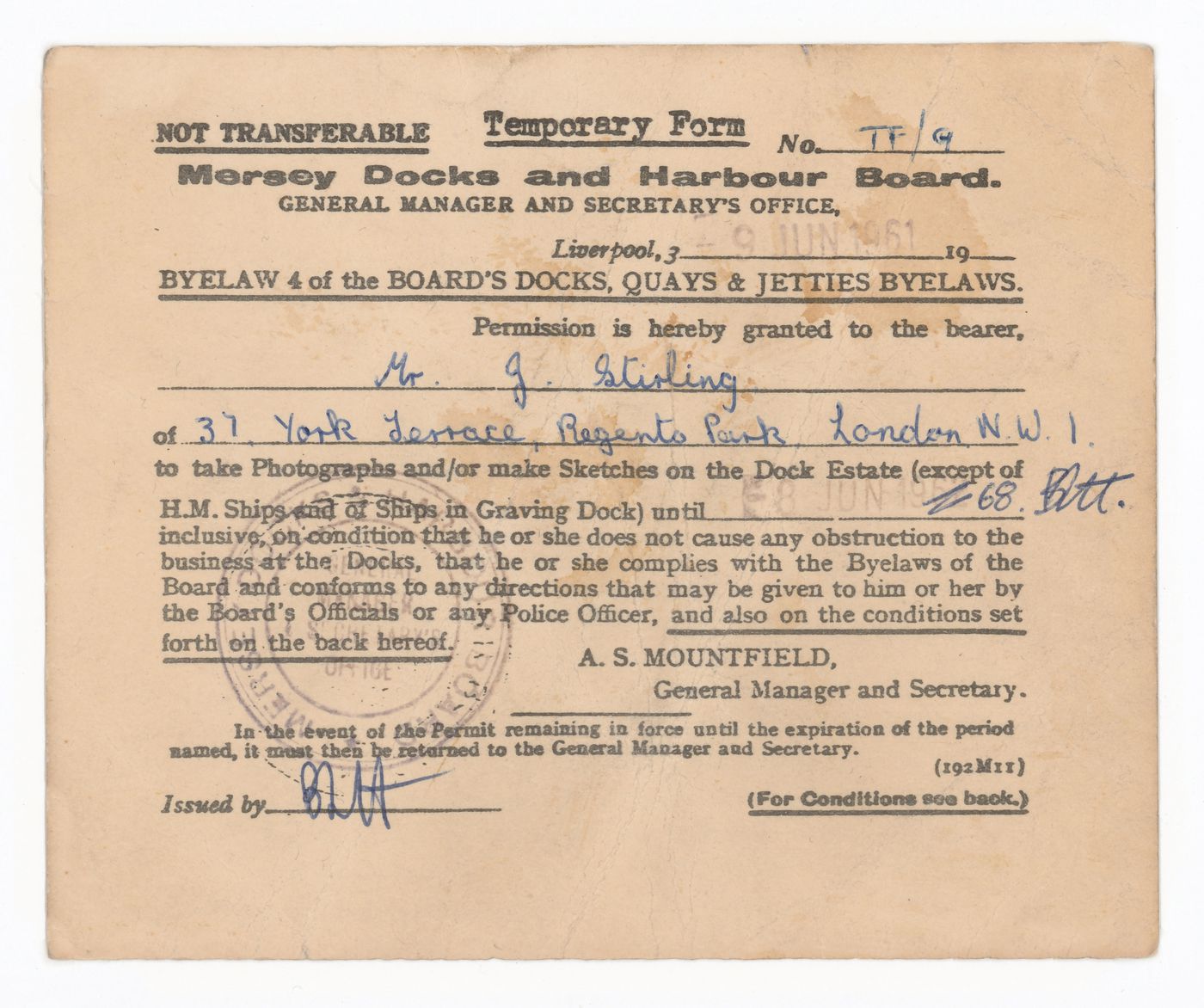 Temporary pass from Mersey Docks & Harbour Board giving Mr. J. Stirling permission to make photographs and sketches on the Dock Estate