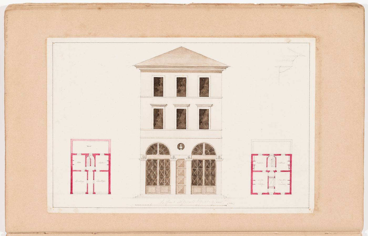 Ground, first and second floor plans for an unidentified house; verso: Front elevation and ground and first floor plans for a small three-storey townhouse