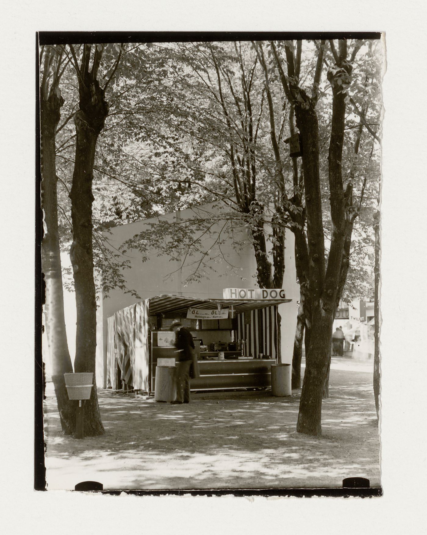 Exterior view of the Stockholm Exhibition of 1930 showing a hot-dog stand, Stockholm