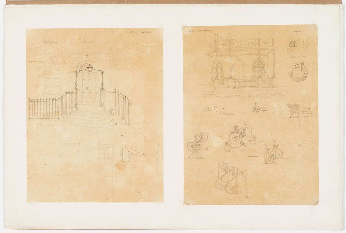 Plan, section, and exterior elevations of an English late Georgian or early Regency house