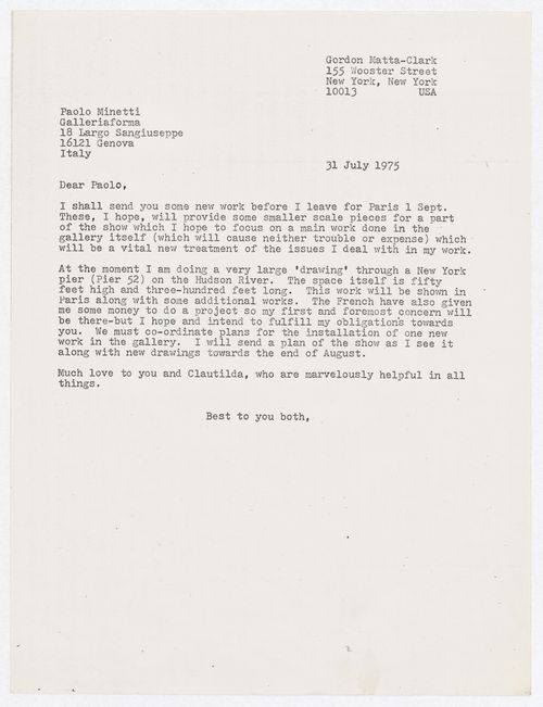 Letter from Gordon Matta-Clark to Paolo Minetti