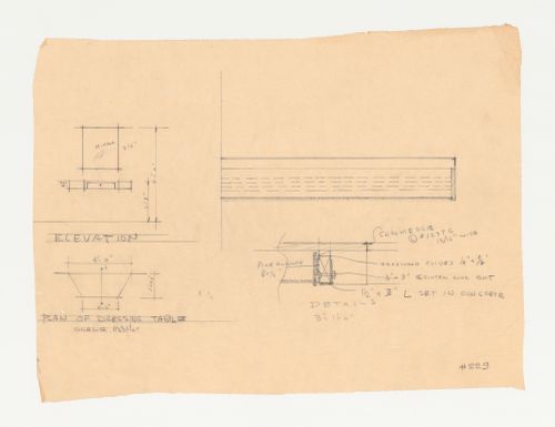Wayfarers' Chapel, Palos Verdes, California: Elevation, plan, section and detail for the vestry dressing table