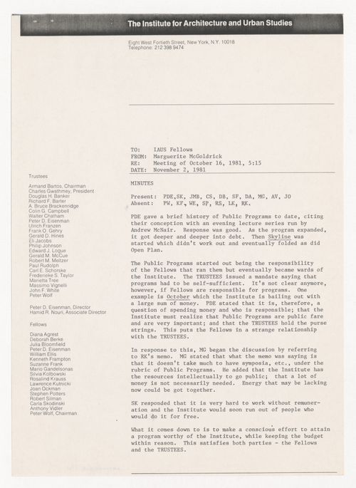 Minutes of meeting of the Fellows of October 16th, 1981