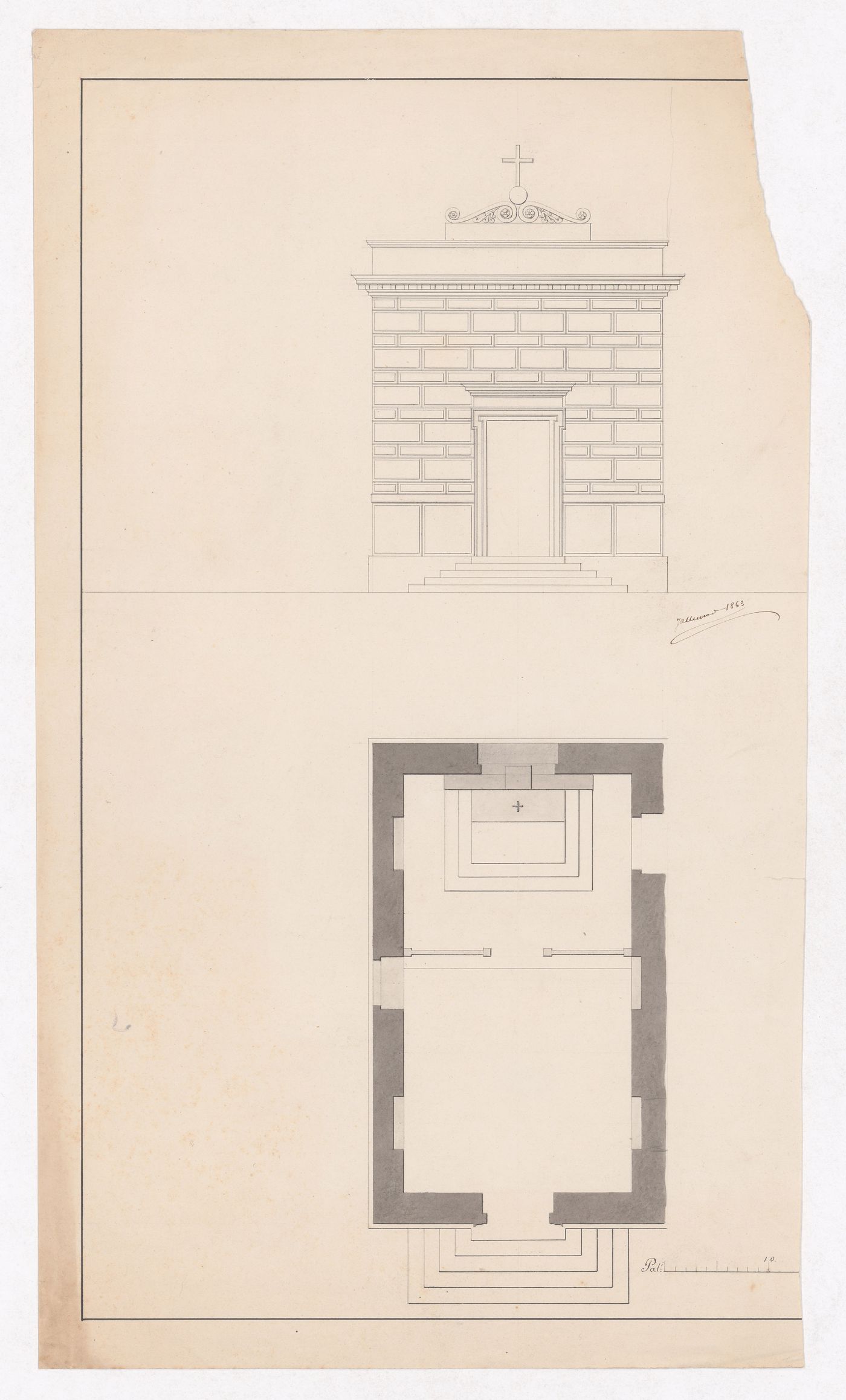 Elevation and plan for a funerary chapel