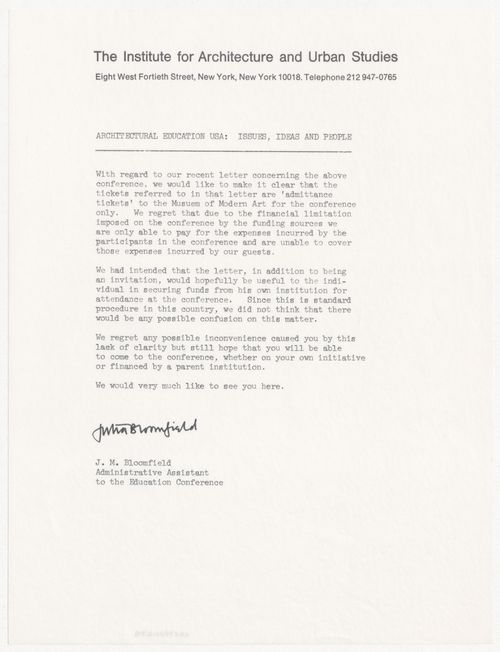 Memorandum from Julia Bloomfield about Peter D. Eisenman's invitation to Conference on Architectural Education U.S.A.