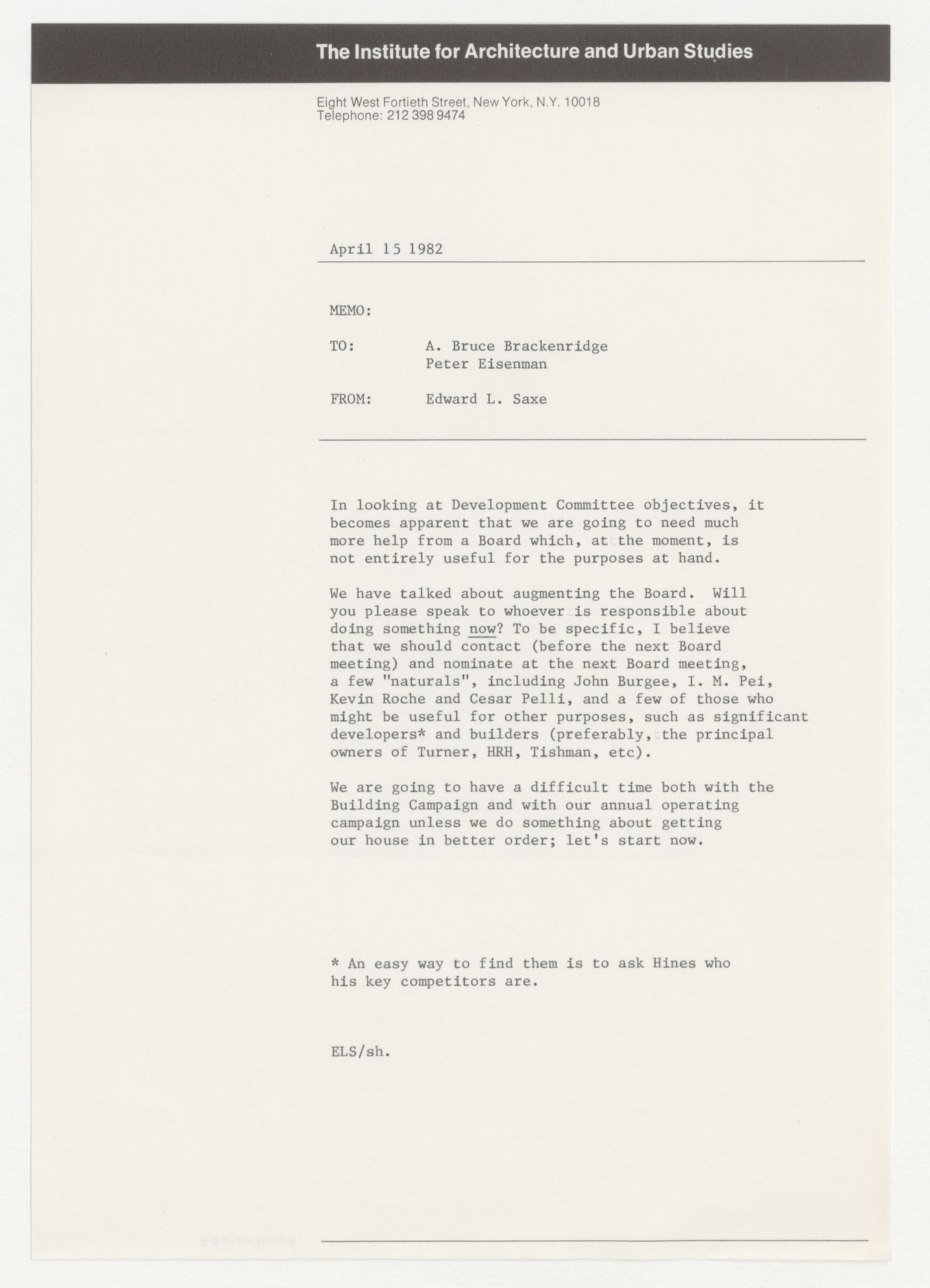 Memorandum from Edward L. Saxe to Peter D. Eisenman and Bruce Brackenridge about adding new members to the Board of Trustees
