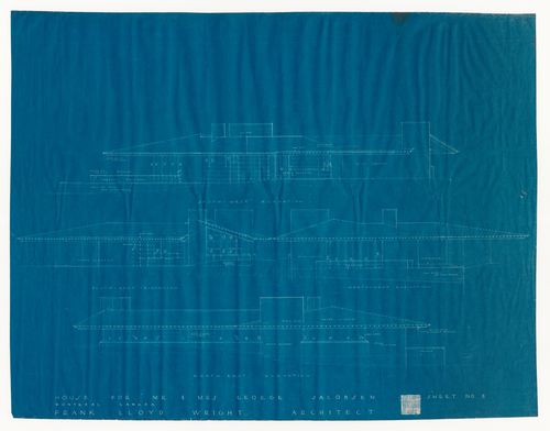 Southwest, southeast, northwest and northeast elevations for the 1950 design for the Mr. & Mrs. George Jacobsen House, Hudson, Québec
