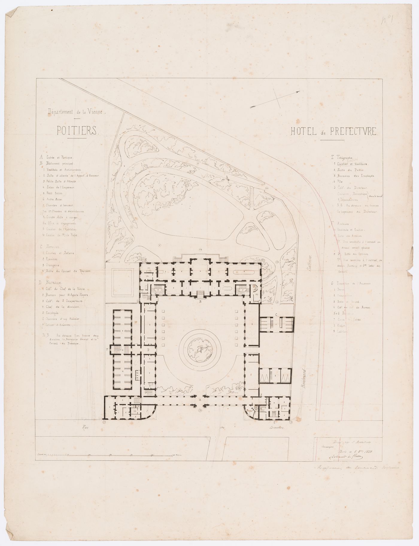 Project for a Hôtel de préfecture, Poitiers: Site plan with a key to the layout of rooms