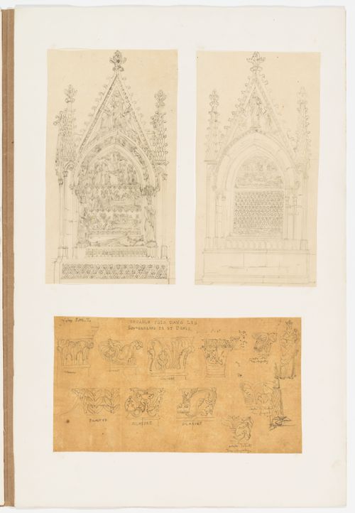 Two drawings of ornate carved Gothic tombs with gabled canopies; Details from the les "souterrains" of Saint-Denis, mainly capitals