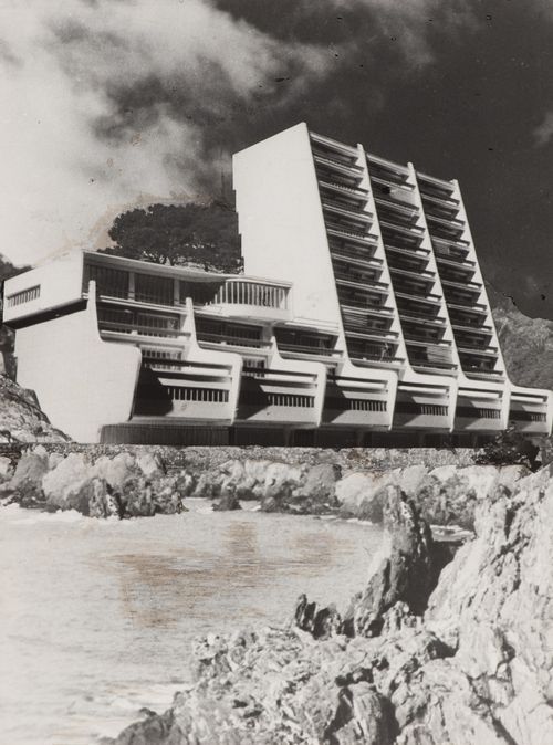 Photograph of a photomontage showing the model for the Condominio di Sanremo, San Remo, Italy