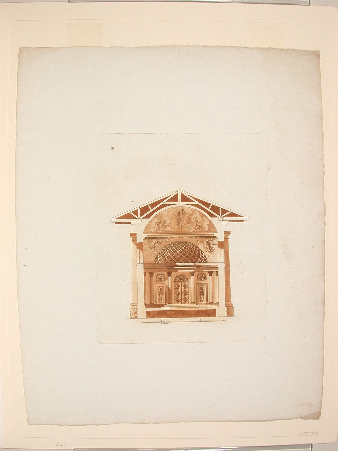 Cross section of a mausoleum in a wooded setting
